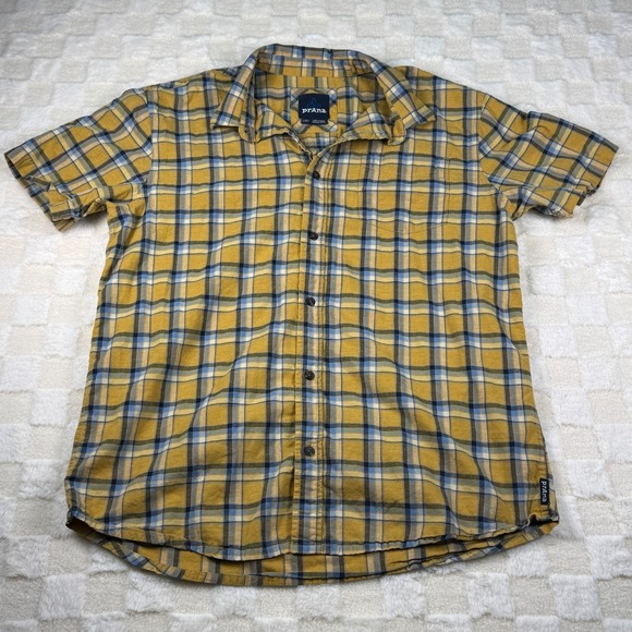 prAna Mens Large Yellow Plaid Button Up Short‎ Sleeve Shirt - Picture 1 of 5